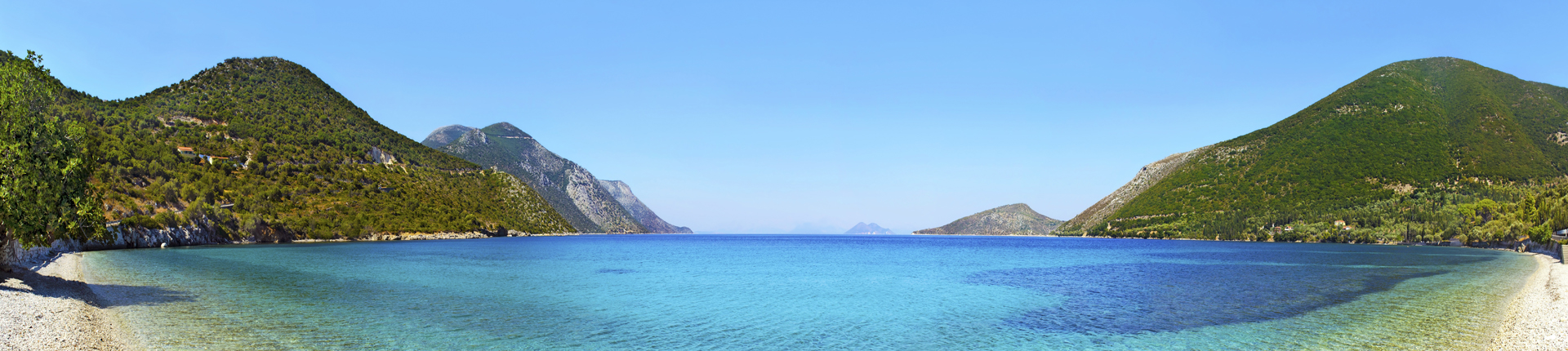 panoramic photo of a beach in Ithaca Greece