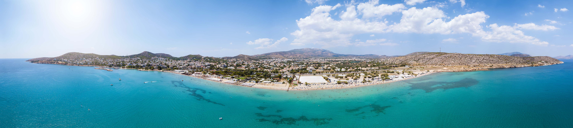 Wide panoramic view over the south coast of Athens, Greece