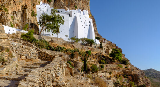 Panoramic view of Panagia Hozoviotissa monastery on Amorgos isla