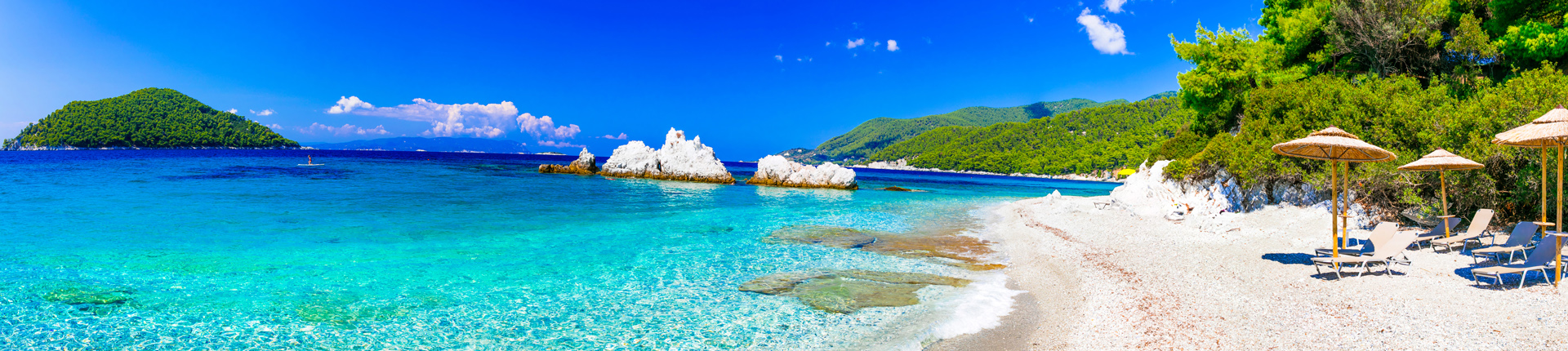 Best beaches of Skopelos island relaxing Milia beach. Sporades, Greece